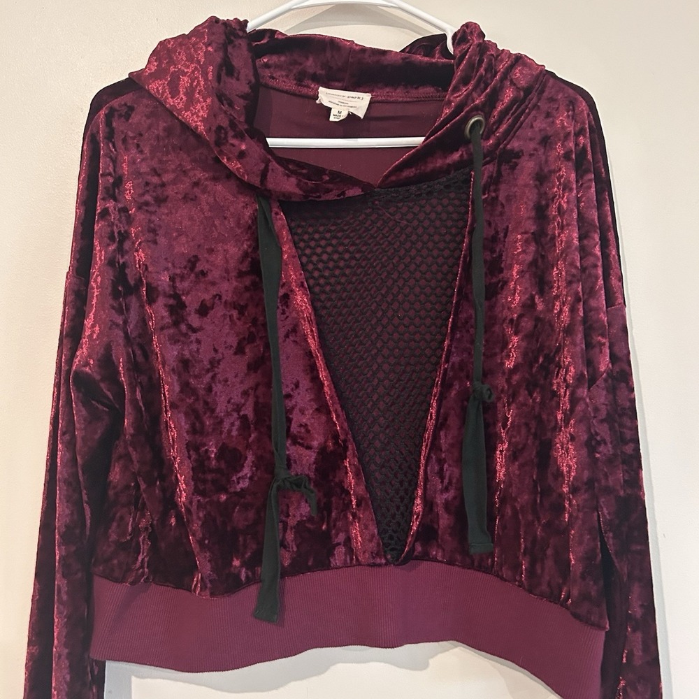 Emory Park Crushed Velvet Hoodie Sz M Black Mesh Cropped Gothic Burgundy